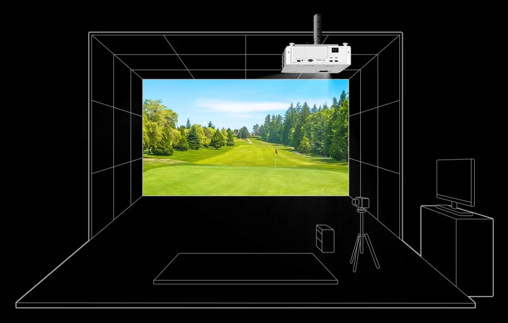A front view of a K projector screen inside a golf simulator