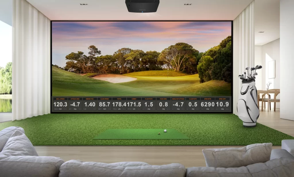 A front view of a golf simulator projector in a living room
