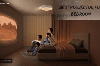 A view of a family sitting and watching movies on a projector inside their bedroom