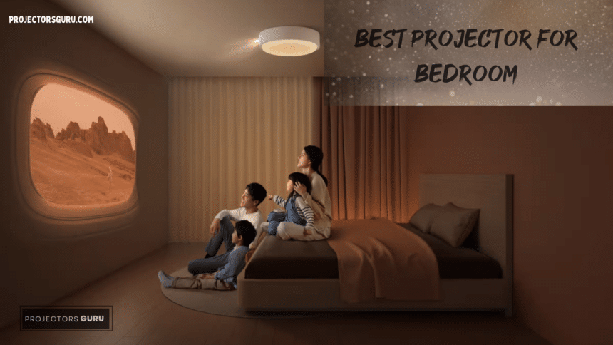 A view of a family sitting and watching movies on a projector inside their bedroom