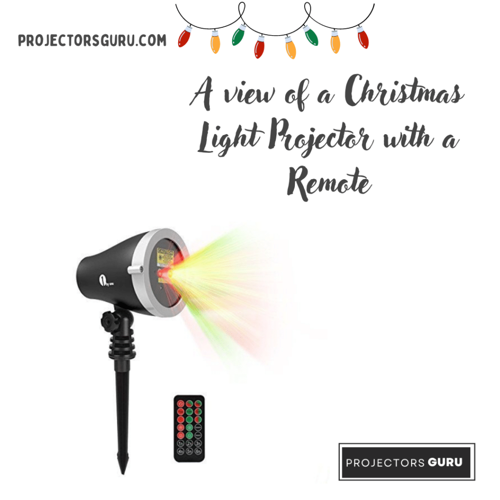 A view of a Christmas light projector with a remote