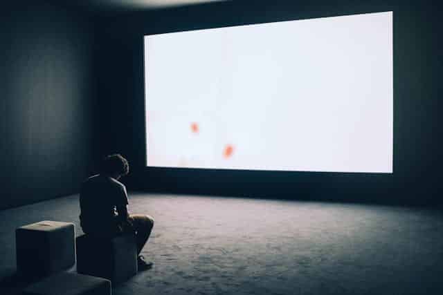 A view of a person sitting in front of a white projector screen