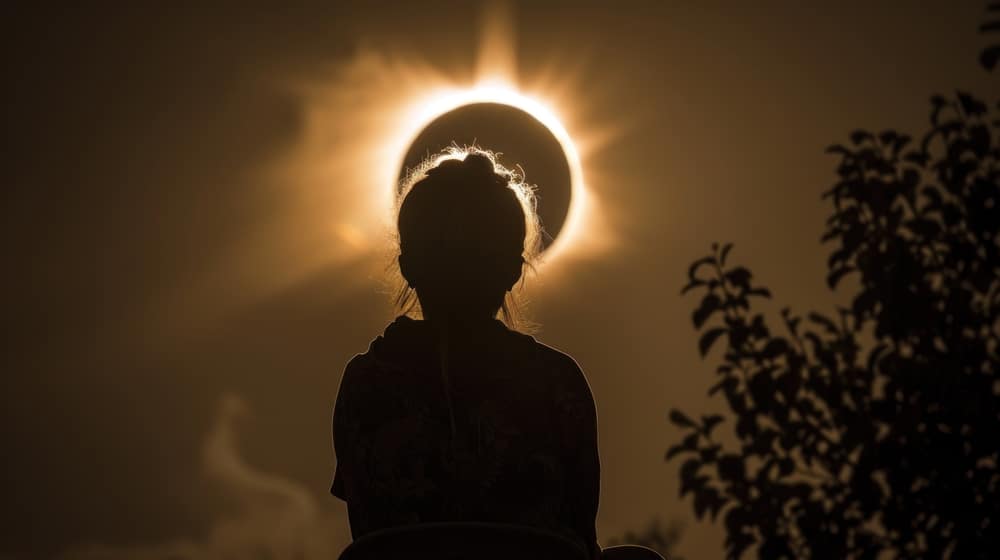 A silhoutte of a little girl looking at the solar eclipse