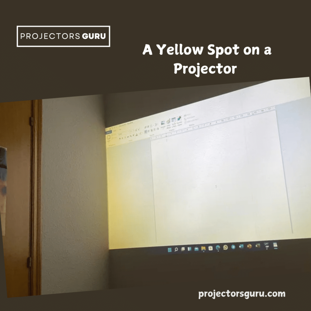 A view of a projector screen with yellow spot ( )