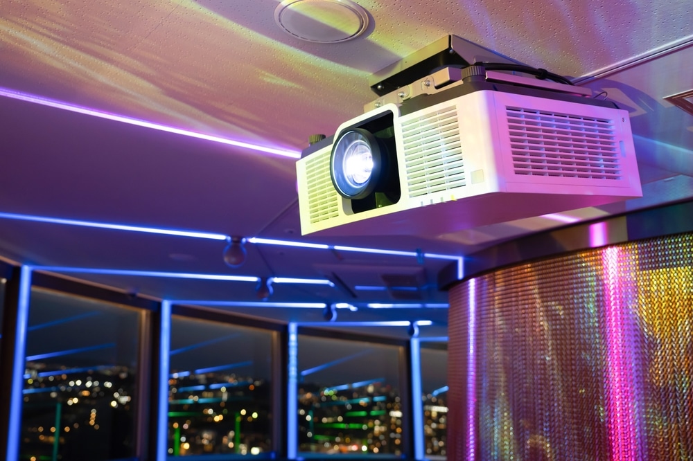 A view of a projector with 3D lights all around