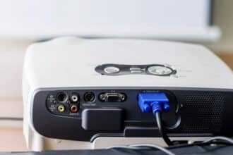 A view of projector backside connected to a wire