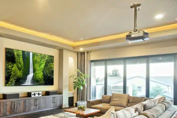 A living room with a ceiling mounted projector and large projected image on the wall