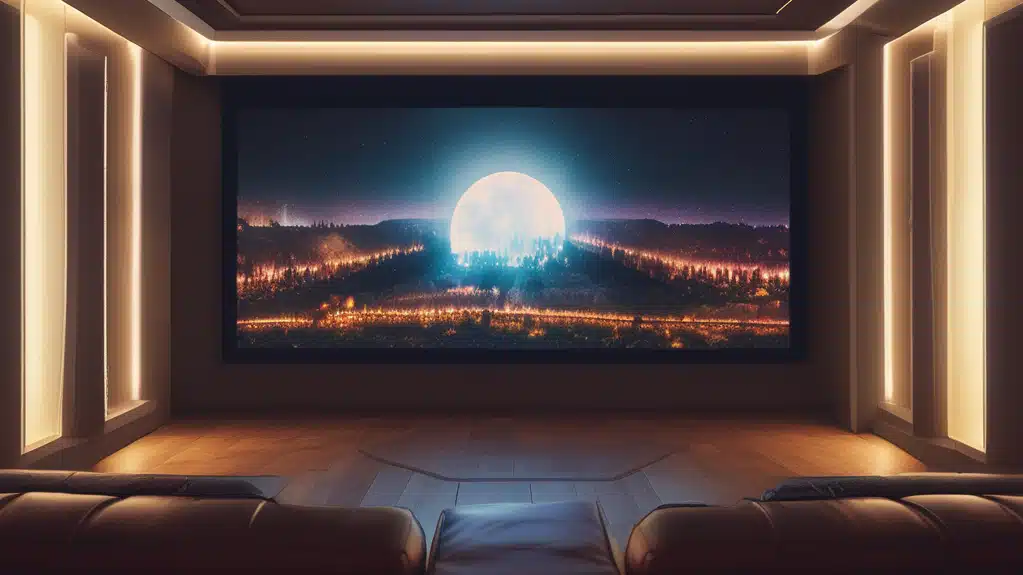 A large projector screen displaying a scenic night landscape in a home theater room with ambient lighting