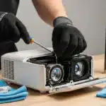 A person disassembling a projector with a screwdriver