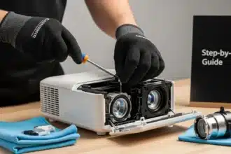 A person disassembling a projector with a screwdriver