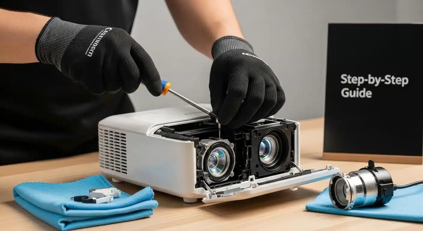 A person disassembling a projector with a screwdriver