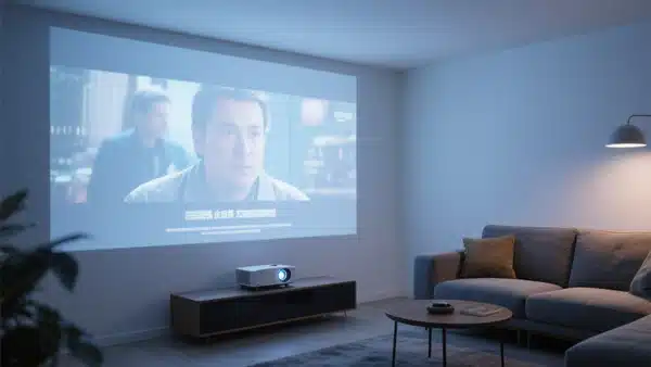 A projector displaying a movie on a white wall in a living room with subtitles visible