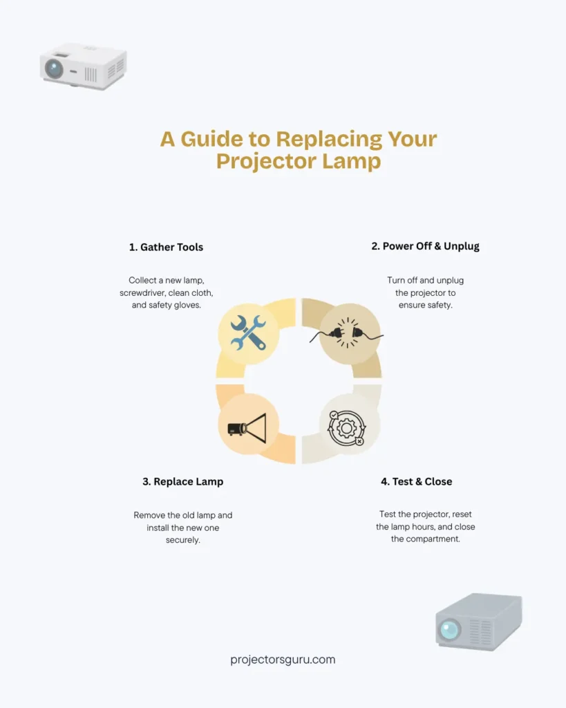 Infographic showing - steps to replace a projector lamp
